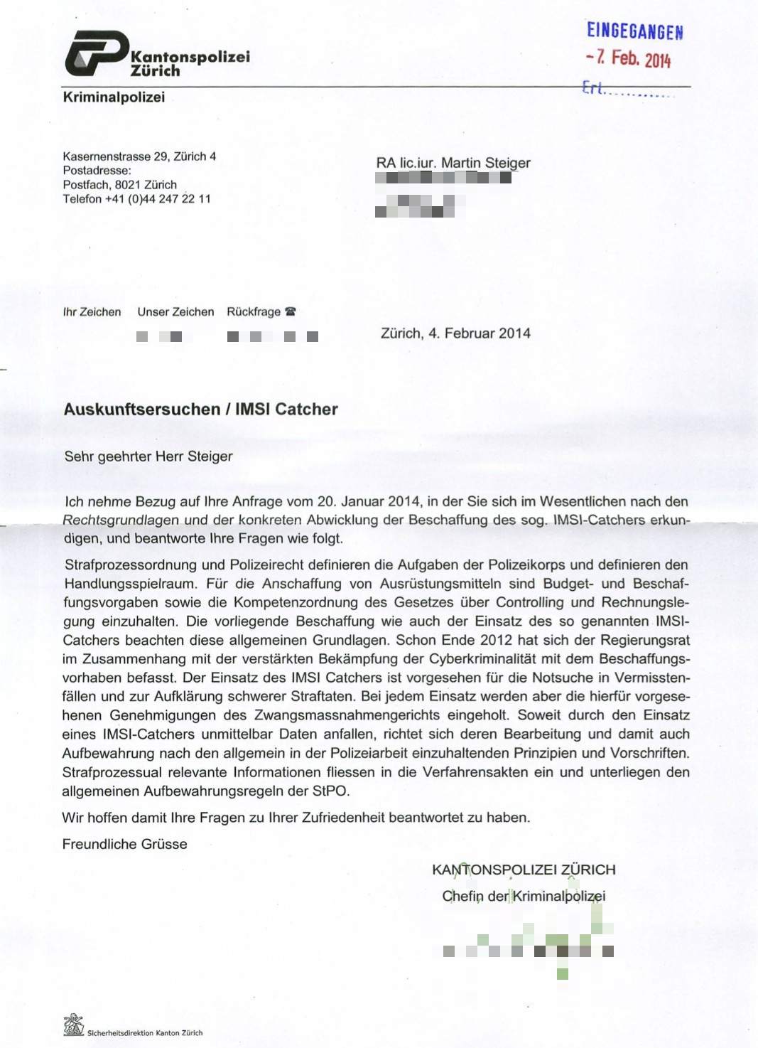 Brief: Antwort der Kantonspolizei Zürich auf Auskunftsbegehren «IMSI-Catcher»