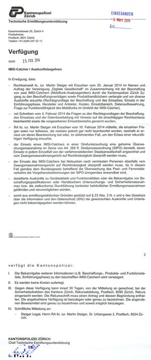 Verfügung: Ablehnende Antwort der Kantonspolizei Zürich auf Auskunftsbegehren «IMSI-Catcher»